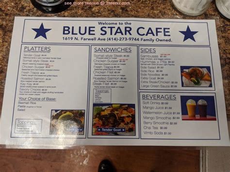 Blue star cafe - Mar 29, 2020 · Blue Star Burger. Served w/ lettuce, tomato, pickles and onions order bunless - served on a bed of greens. Upgrade: bacon cheddar $3; black and blue $ 3; mushroom / swiss $2; patty melt $8. Add on: avocado $2; bacon $2; red chili $1.75; Fried egg $1.75; Jalapenos $1.25; Cheddar or swiss $1.25; Sour cream $1.25.